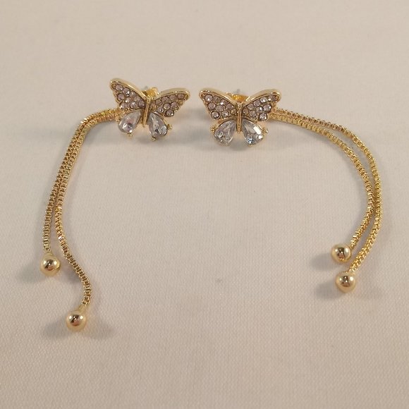 Gold Sterling Siver Butterfly Diamond Crystal Tassel Stud Earrings Party Gift - Picture 4 of 5